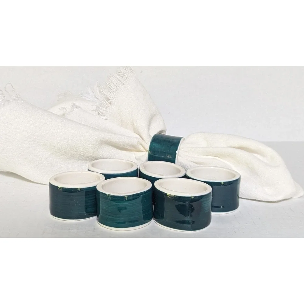 Vintage Ceramic Napkin Rings Oval Deep Christmas Green Set of 7